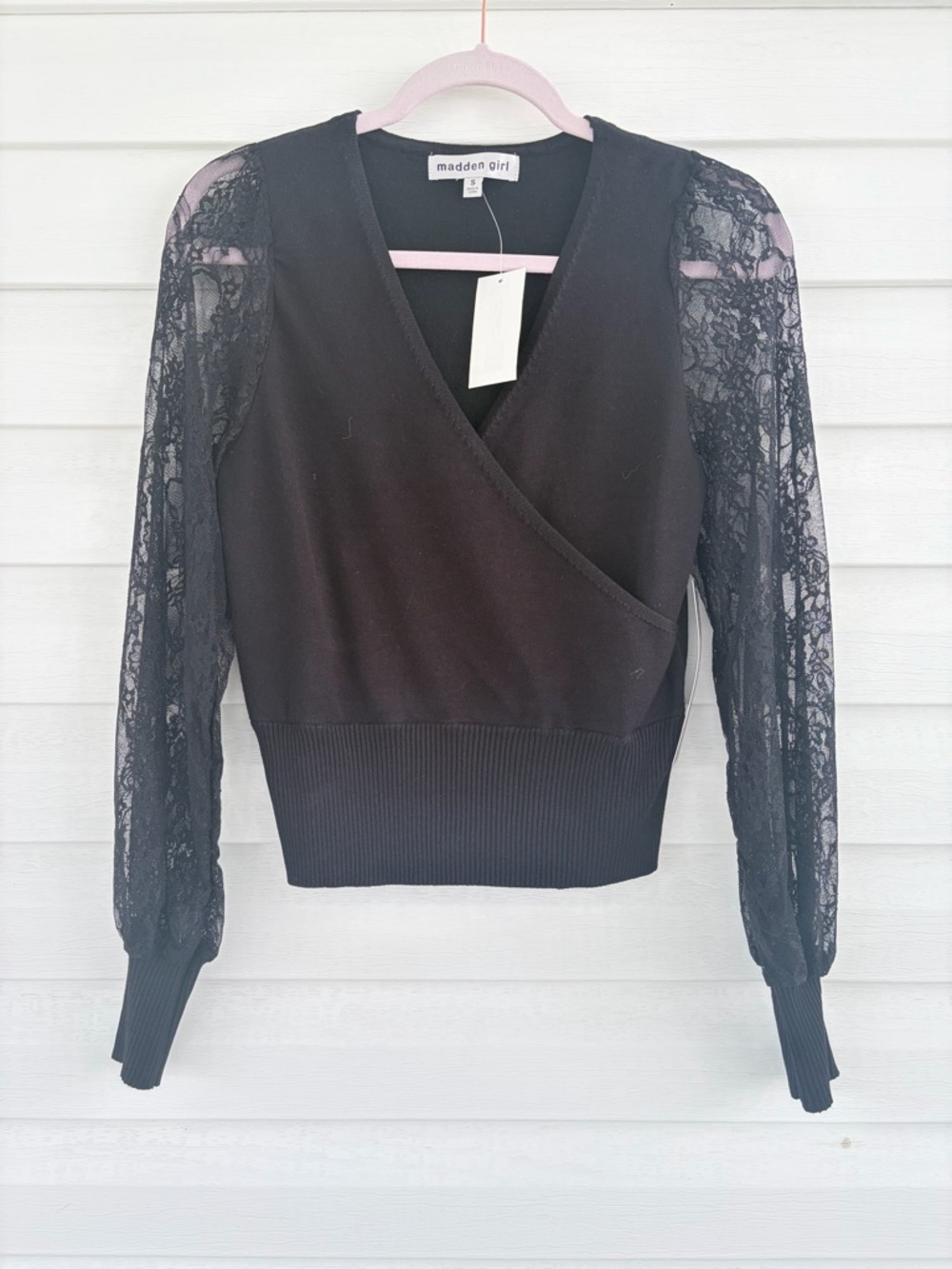Madden Girl Black Lace Detail V Neck Sweater Feminine Chic Top